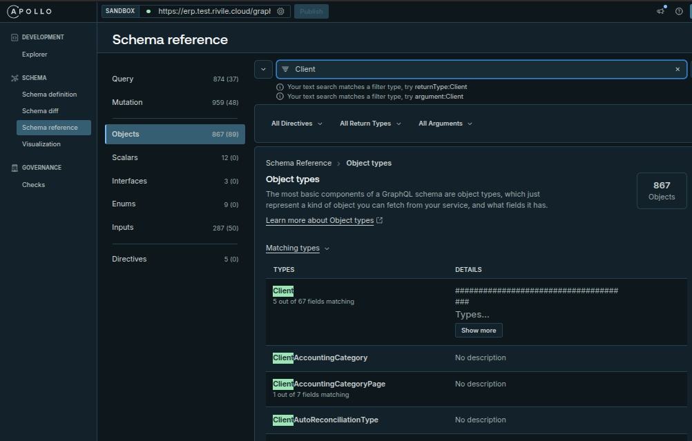 Apollo Sandbox: Schema reference, Objects, paieška Client ir tipų lentelė