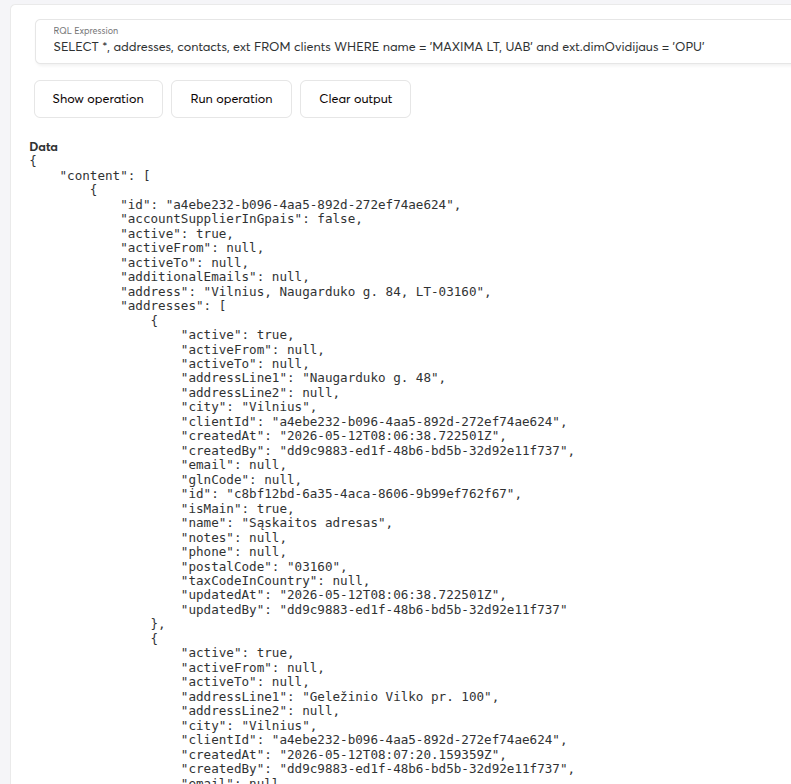 RQL įrankis: užklausa SELECT su clients, addresses, contacts, ext ir JSON atsakymas su įrašu